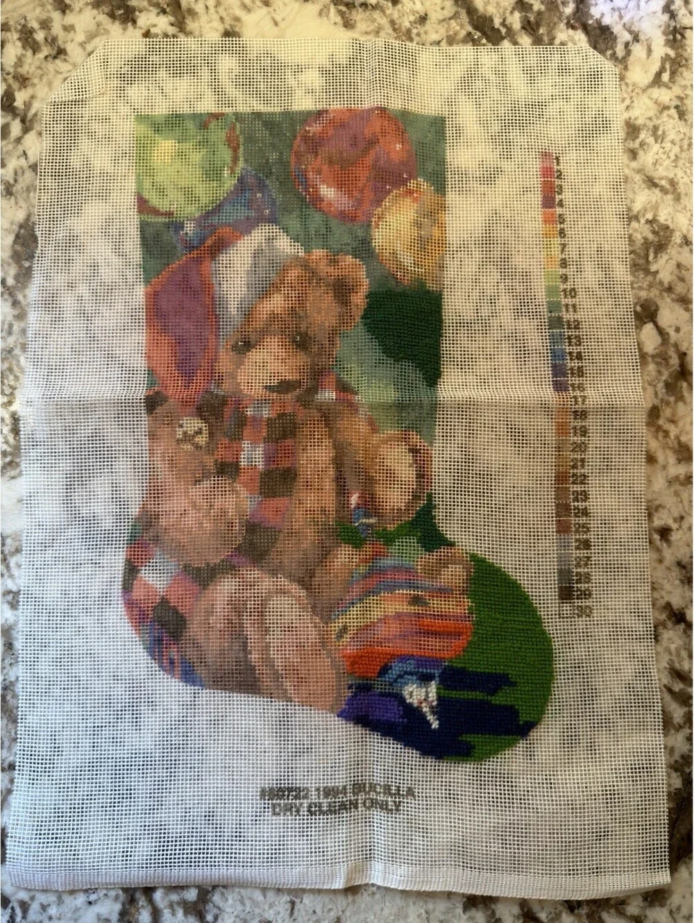 Bucilla SANTA BEAR Needlepoint Christmas Stocking 60722 Canvas Only Partially S